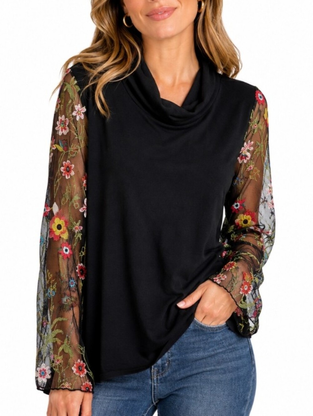 Kim & Cami Black Floral Embroidered Mesh Sleeve Cowl Neck Top Medium Romantic